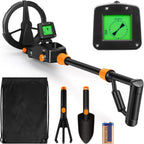 Black and orange Finderoox Metal Detector set with a large circular coil, handheld wand, digital display screen, carrying bag, shovel, trowel, and battery on a white background.