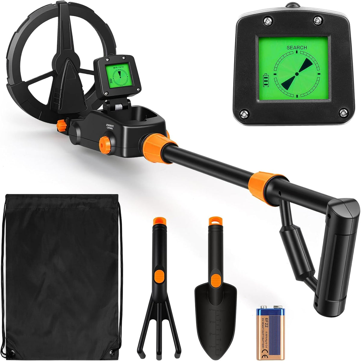 Black and orange Finderoox Metal Detector set with a large circular coil, handheld wand, digital display screen, carrying bag, shovel, trowel, and battery on a white background.