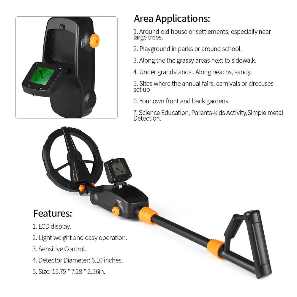 Finderoox Metal Detector with features and applications listed on a white background