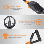 Product features with control house, waterproof search coil, and human mechanics handle on a gray background.