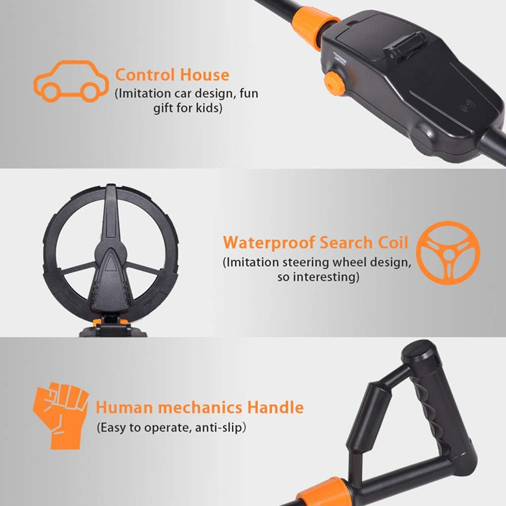 Product features with control house, waterproof search coil, and human mechanics handle on a gray background.