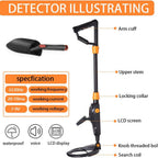 Finderoox Metal Detector with labeled parts and specifications on a white background