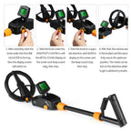 A Finderoox Metal Detector with an orange and black handle, orange accents, and a black coil, shown below a four-step assembly and operation diagram on a white background.