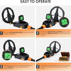 Instructions for operating a Finderoox Metal Detector with volume and sensitivity controls.