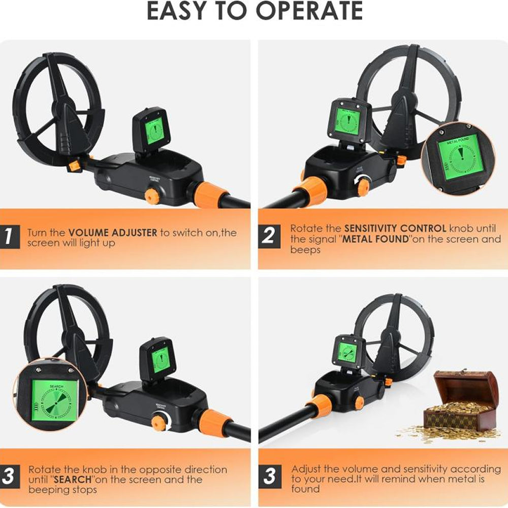 Instructions for operating a Finderoox Metal Detector with volume and sensitivity controls.