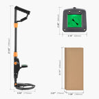 Measurement chart showing dimensions of a Finderoox Metal Detector, control panel, and cardboard box on a white background.