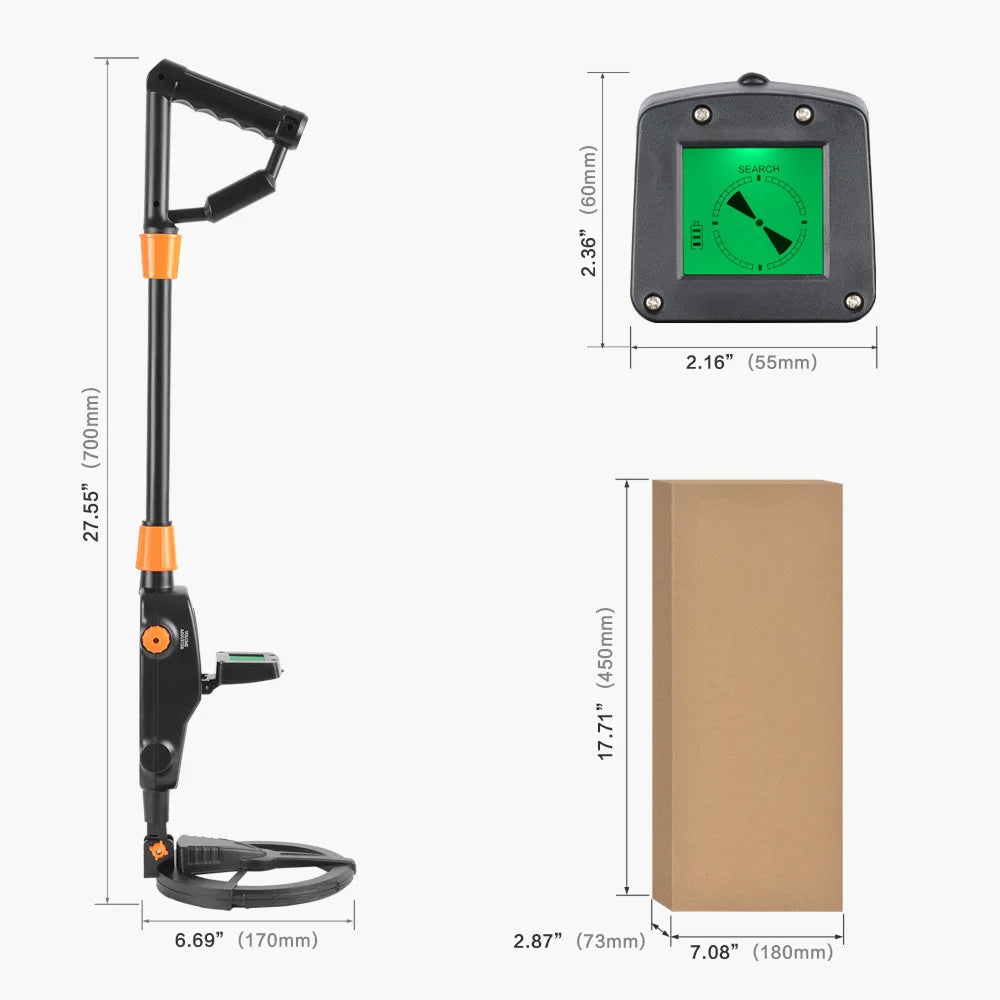 Measurement chart showing dimensions of a Finderoox Metal Detector, control panel, and cardboard box on a white background.
