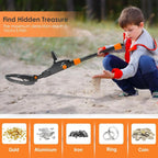 Child playing with a Finderoox Metal Detector on sand, with text about treasure hunting and detection depth.