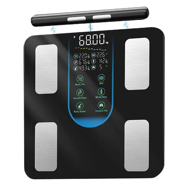 FitMetric Body Fat Scales with a black finish and digital display on a white background