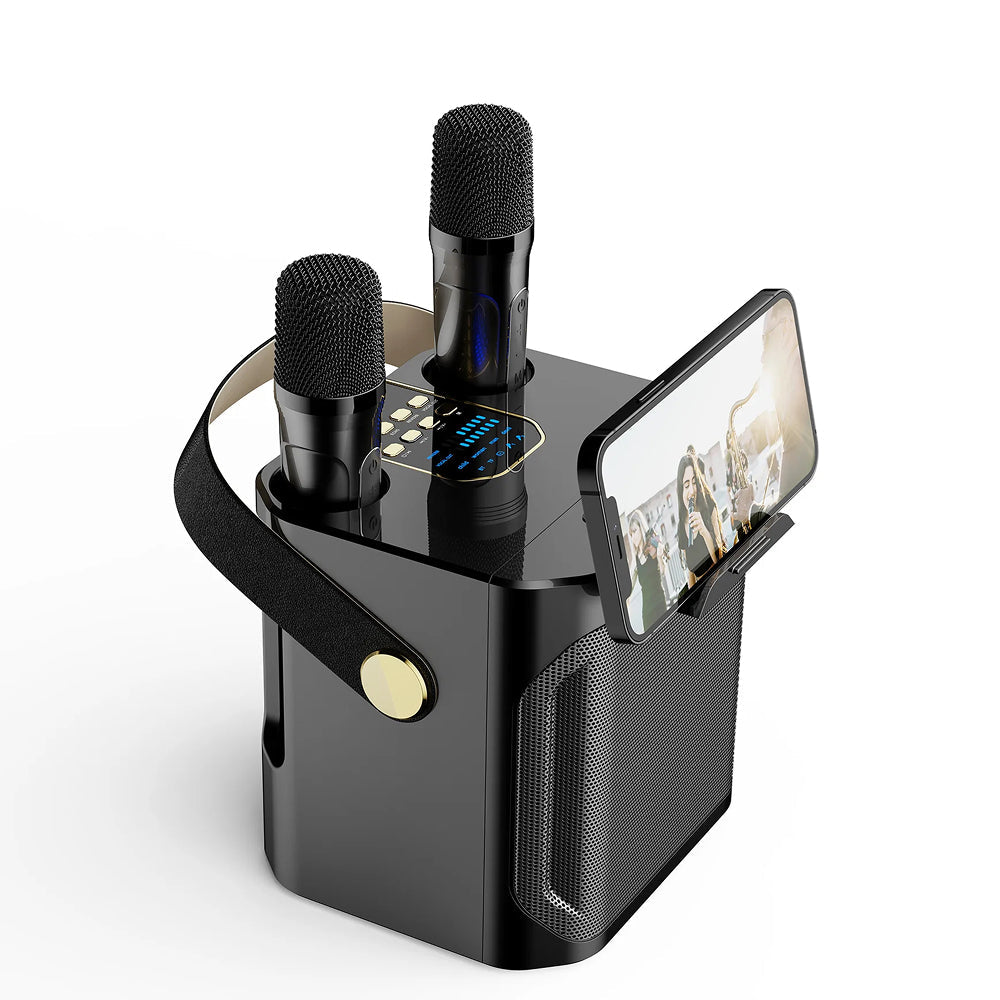 Black microphone and smartphone holder with two FolbGent Karaoke Machine on a white background