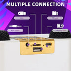 A close-up of a gold FolbGent Karaoke Machine receiver showing multiple connection options: USB, TF card, AUX cable, and charging port, with labels and icons on a purple graphic background.