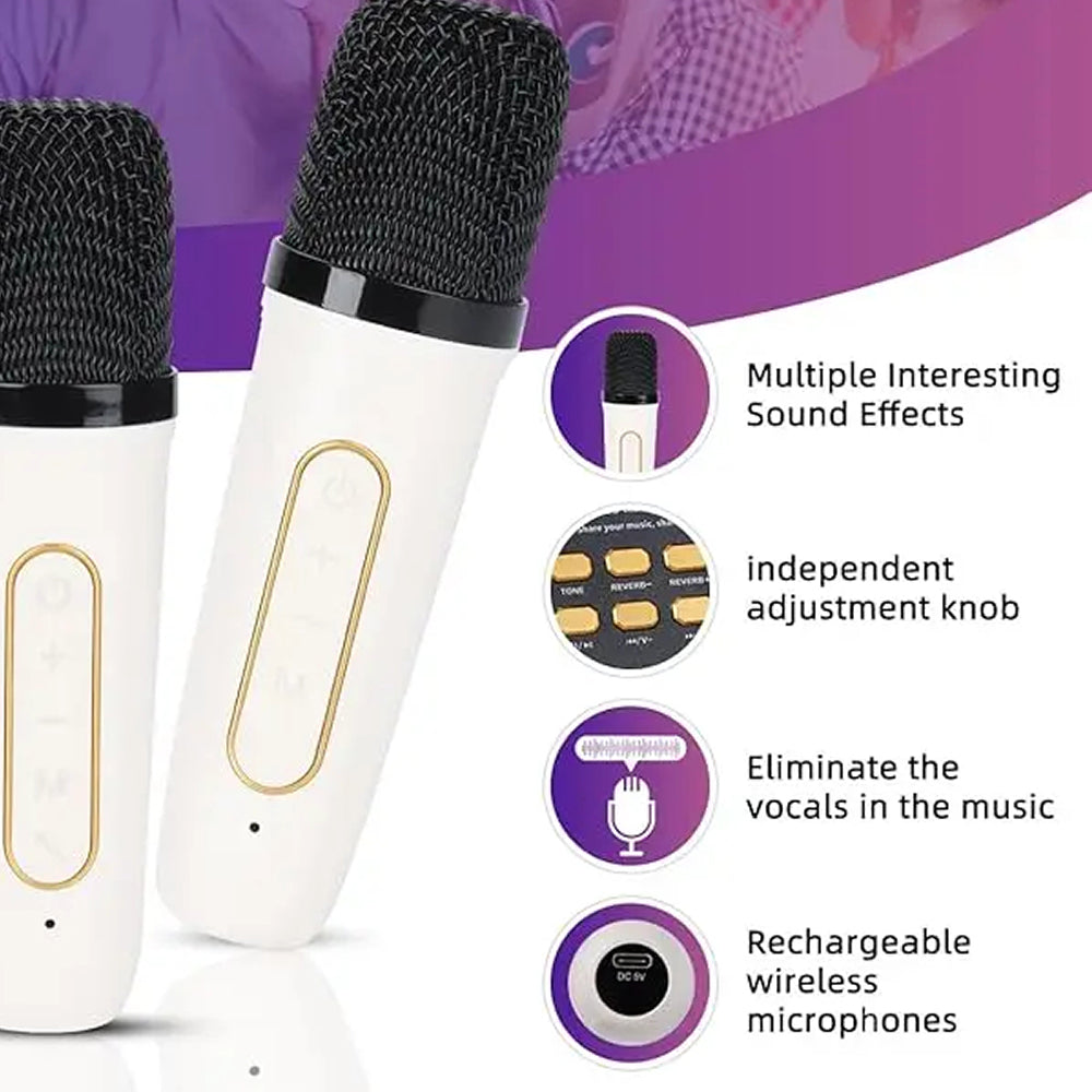 Two white FolbGent Karaoke Machine with black mesh heads and gold oval buttons, shown alongside feature callouts on a white and purple background.
