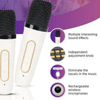 Two white FolbGent Karaoke Machine with black mesh heads and gold oval buttons, shown alongside feature callouts on a white and purple background.