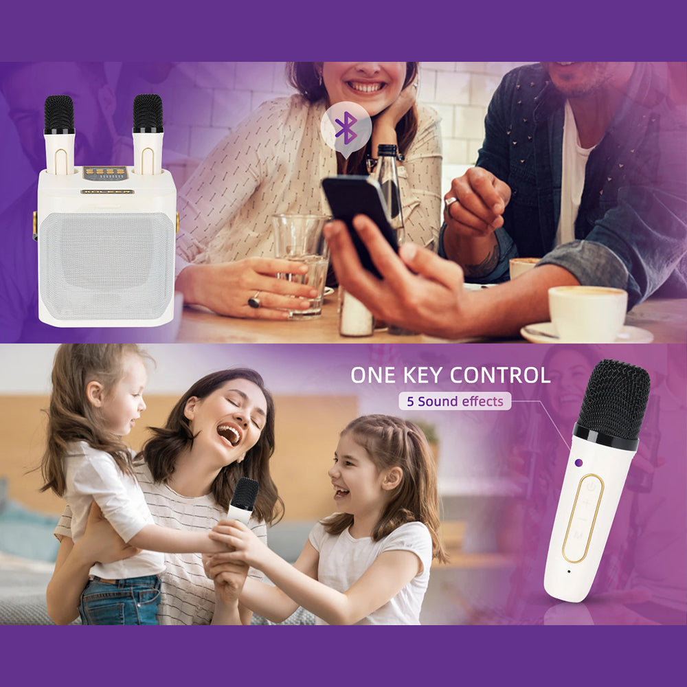 A promotional collage for a white FolbGent Karaoke Machine system. The top panel shows a family using the product in a home setting, with one person holding a smartphone and the others singing.