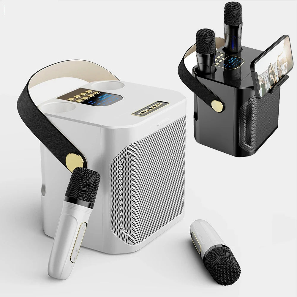 Set of audio equipment including a white speaker, black microphone holder, and handheld microphone on a light gray background.
