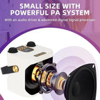 A promotional FolbGent Karaoke Machine graphic for a small PA system speaker. The white rectangular speaker enclosure is shown with an exploded view of the internal driver and a large woofer cone extending out, set against a purple-and-white design with marketing text at the top.