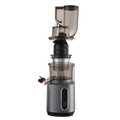 A modern vertical slow FruitTusii Cold Press Juicer with a brushed silver and black base, clear plastic chambers, and a dark hopper on top, shown against a plain white background.