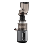 A modern vertical slow FruitTusii Cold Press Juicer with a brushed silver and black base, clear plastic chambers, and a dark hopper on top, shown against a plain white background.