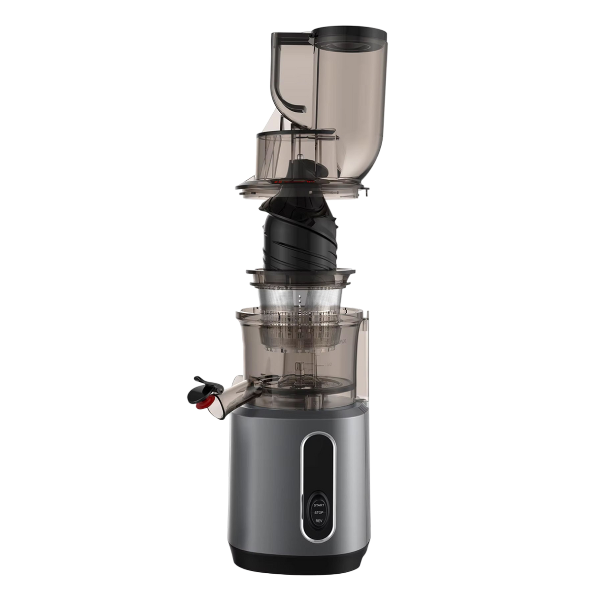A modern vertical slow FruitTusii Cold Press Juicer with a brushed silver and black base, clear plastic chambers, and a dark hopper on top, shown against a plain white background.