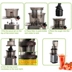 Step-by-step assembly instructions for a FruitTusii Cold Press Juicer with visual diagrams and text.