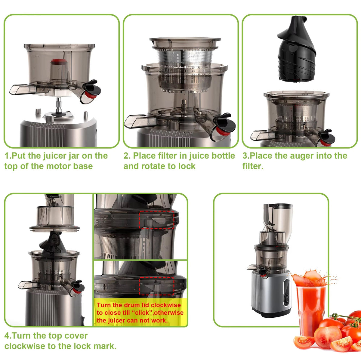 Step-by-step assembly instructions for a FruitTusii Cold Press Juicer with visual diagrams and text.