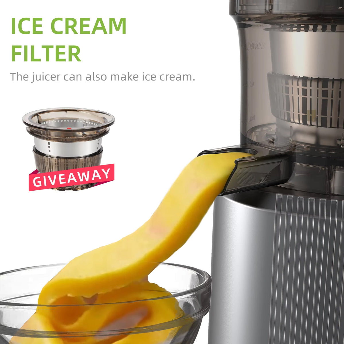 FruitTusii Cold Press Juicer with ice cream filter and giveaway label, showing ice cream being made.