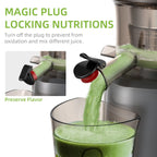 FruitTusii Cold Press Juicer with green juice being poured into a glass, featuring 'Magic Plug Locking Nutritions' text.