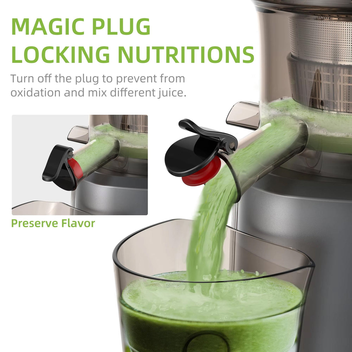 FruitTusii Cold Press Juicer with green juice being poured into a glass, featuring 'Magic Plug Locking Nutritions' text.