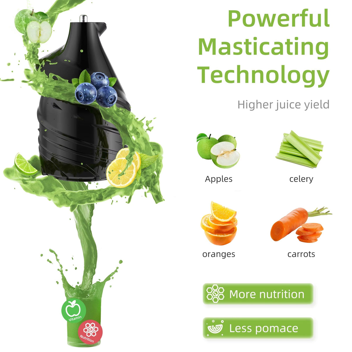 Black masticating FruitTusii Cold Press Juicer with green juice and fruits/vegetables on a white background