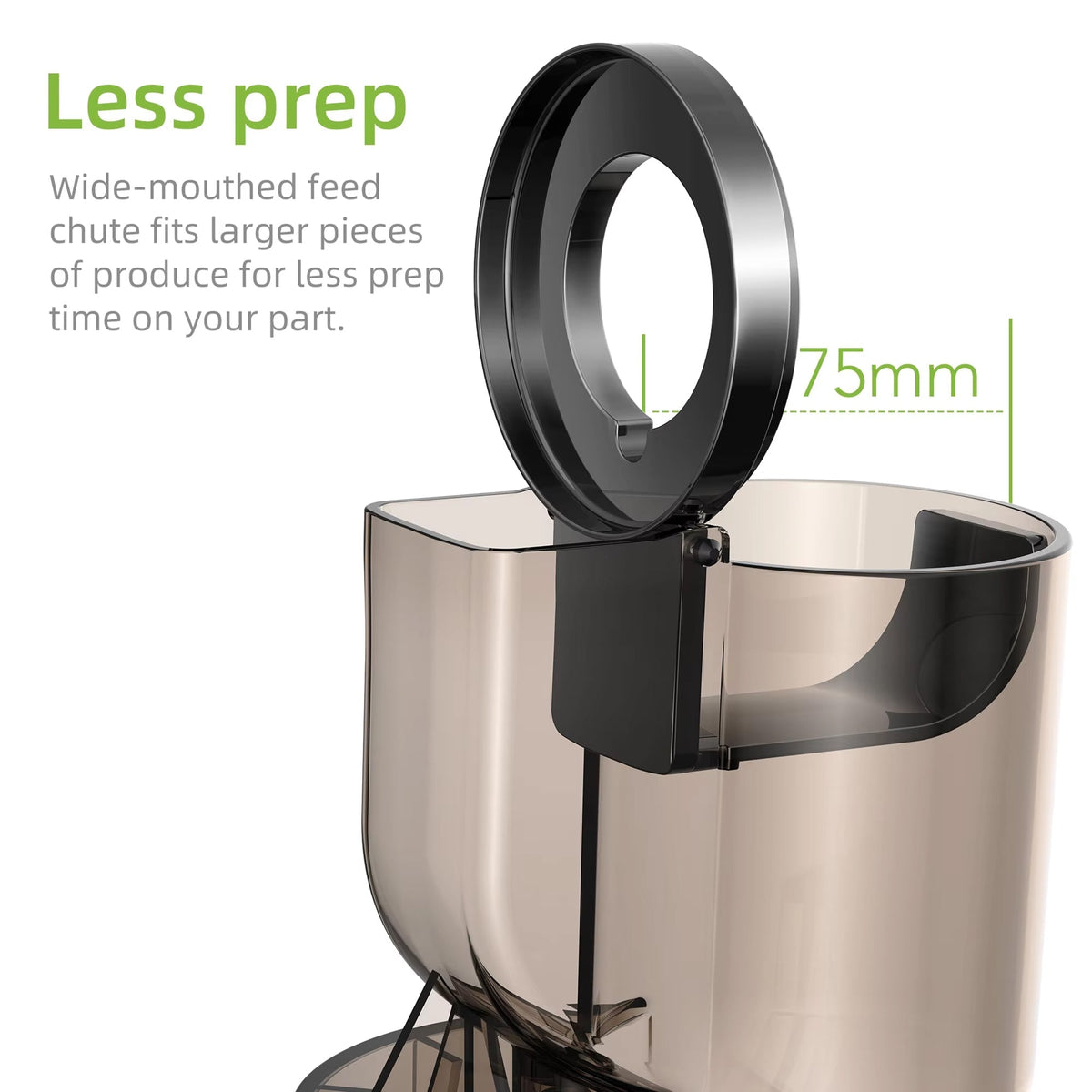 Kitchen FruitTusii Cold Press Juicer with wide-mouthed feed chute labeled '75mm' on a white background
