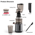 Diagram of a FruitTusii Cold Press Juicer with labeled parts on a white background