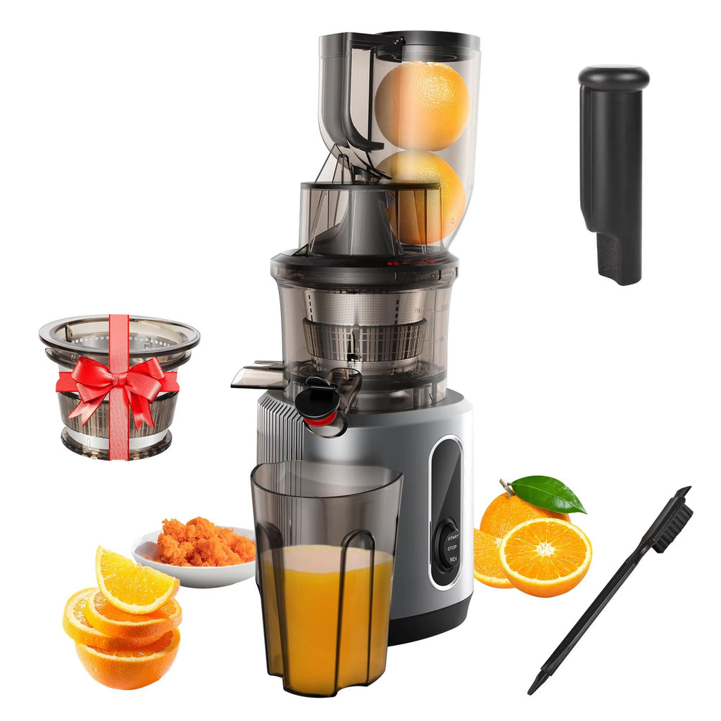 A silver and black slow masticating FruitTusii Cold Press Juicer shown on a white background with oranges being processed, a clear juice cup filled with orange juice, a black storage container, a metal container with a red ribbon, and orange slices.