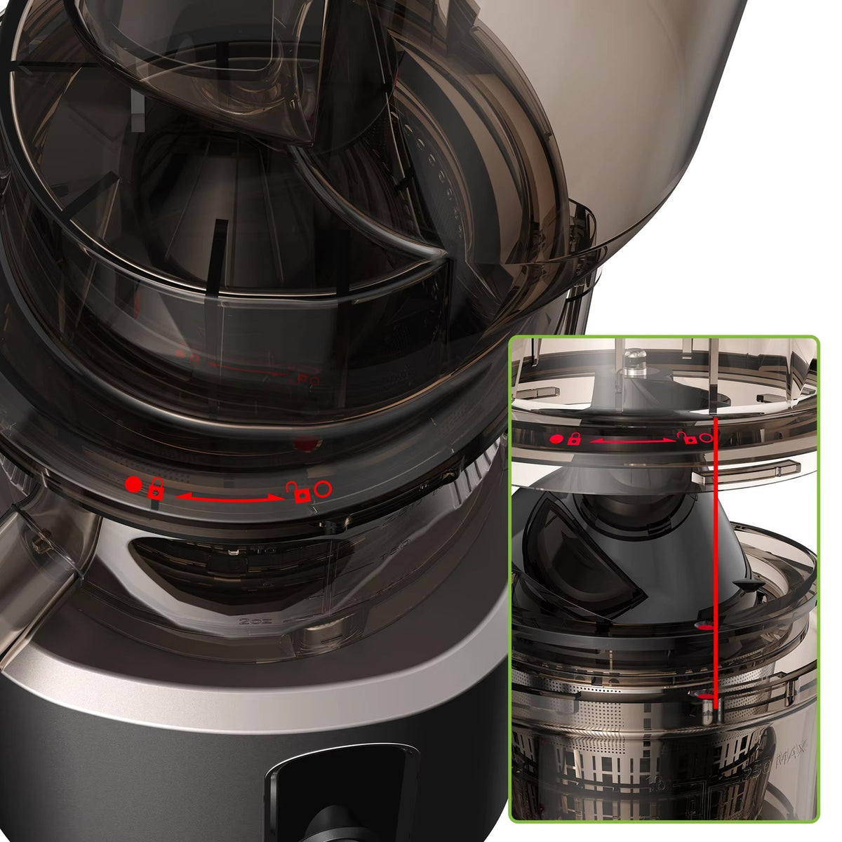 Close-up of a black and silver FruitTusii Cold Press Juicer with control panel details.
