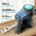 A FurVaxim V2 Cordless Vacuum Cleaner with a transparent dust container showing internal battery cells, placed on a wooden surface with promotional text about 40-minute runtime and 6x2200mAh non-detachable battery.