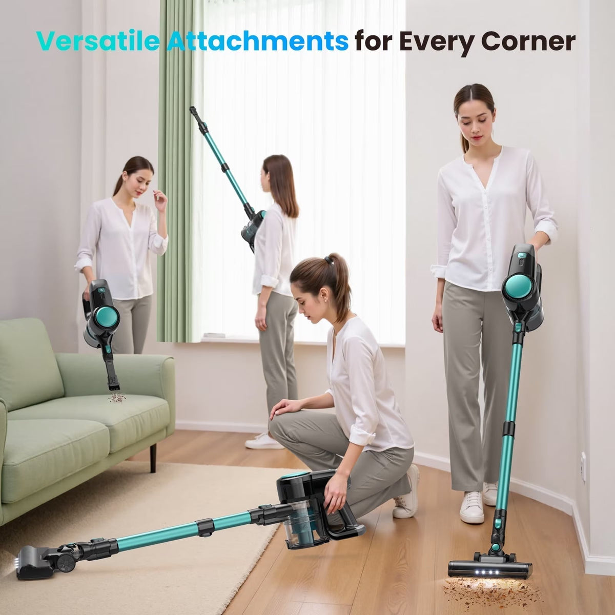 Four women demonstrate a FurVaxim V2 Cordless Vacuum Cleaner in a bright living room, showing different angles and use cases including cleaning under a sofa, near a window, and on the floor. The vacuum has a teal and black design with the text 'Versatile Attachments for Every Corner' at the top.