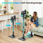 Two FurVaxim V2 Cordless Vacuum Cleaner shown in a bright living room with a woman and dog on the sofa, plus overlaid text highlighting adjustable height and self-standing design, with inset dimension callouts and a small usage diagram.