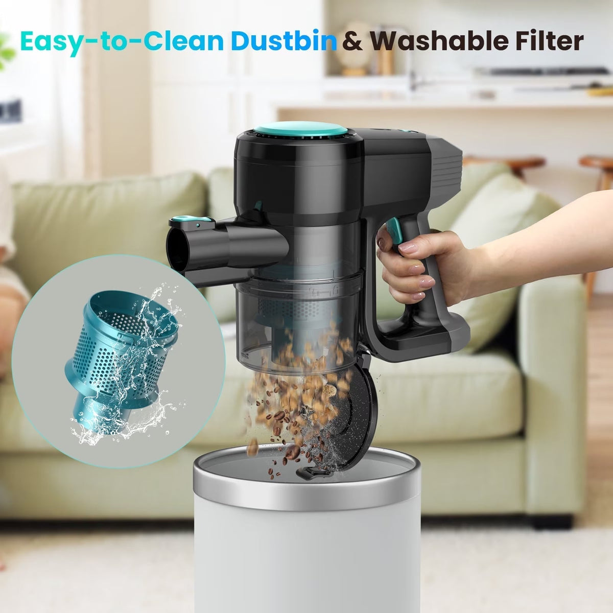 A handheld black and teal FurVaxim V2 Cordless Vacuum Cleaner being held by a person in a living room, with debris falling into a white trash can. Text at the top reads 'Easy-to-Clean Dustbin & Washable Filter,' and a circular inset shows the blue filter basket being rinsed.