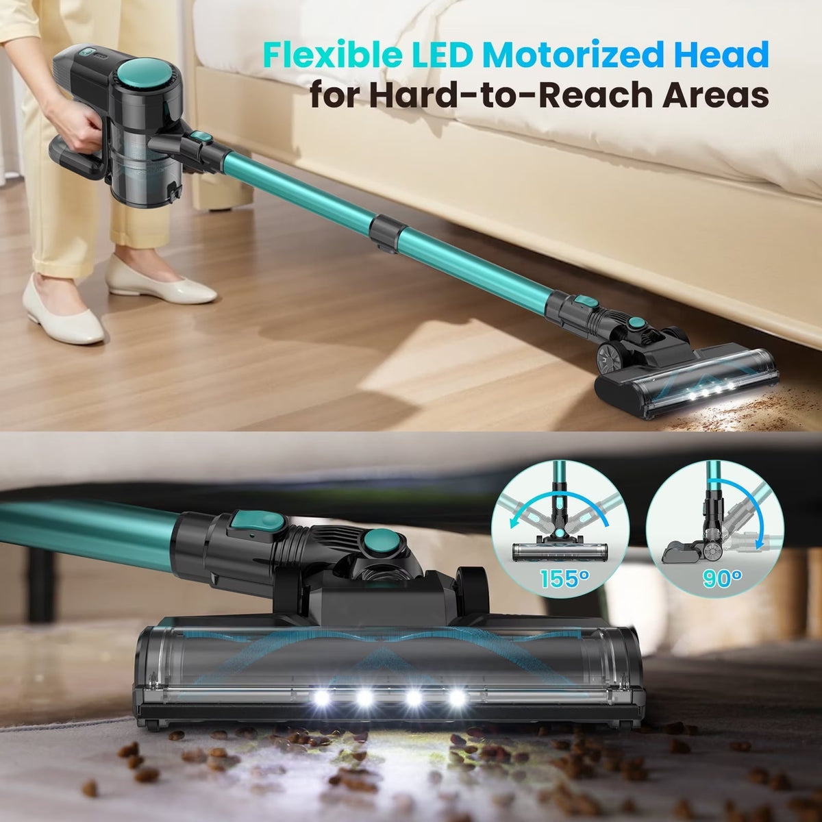 A FurVaxim V2 Cordless Vacuum Cleaner with a flexible teal and black wand is shown in a home setting, reaching under a bed, plus a close-up of the floor head with text highlighting its flexibility for hard-to-reach areas.