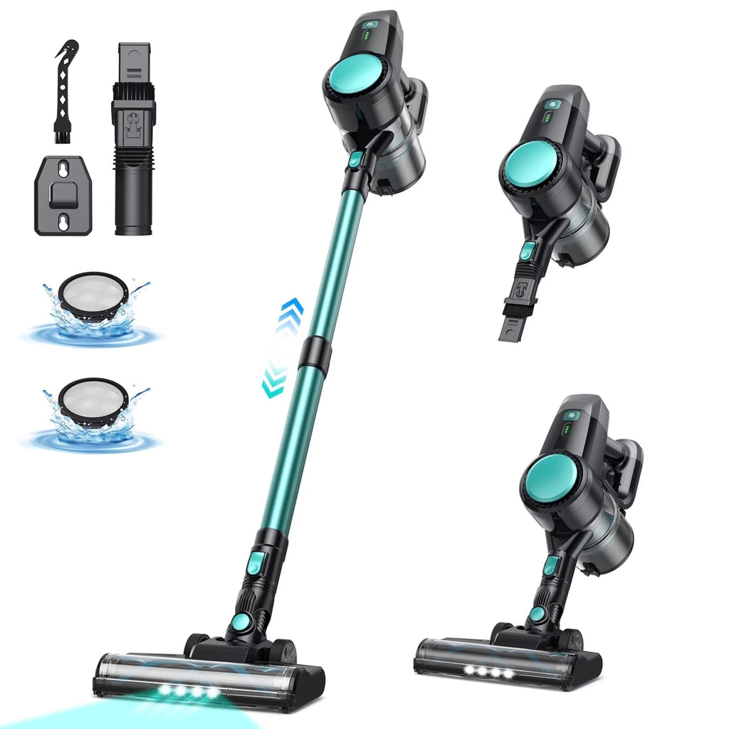 A cFurVaxim V2 Cordless Vacuum Cleaner shown in multiple angles on a white background, with accessories and blue water splash graphics indicating features. The vacuum has a teal and black body with a floor head and handheld attachment.