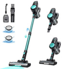A cFurVaxim V2 Cordless Vacuum Cleaner shown in multiple angles on a white background, with accessories and blue water splash graphics indicating features. The vacuum has a teal and black body with a floor head and handheld attachment.