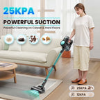 A woman stands in a bright living room using a cordless stick FurVaxim V2 Cordless Vacuum Cleaner to clean a rug on a wooden floor. The image includes promotional text reading '25KPA POWERFUL SUCTION' and icons showing debris pickup, with product feature callouts in the corners.