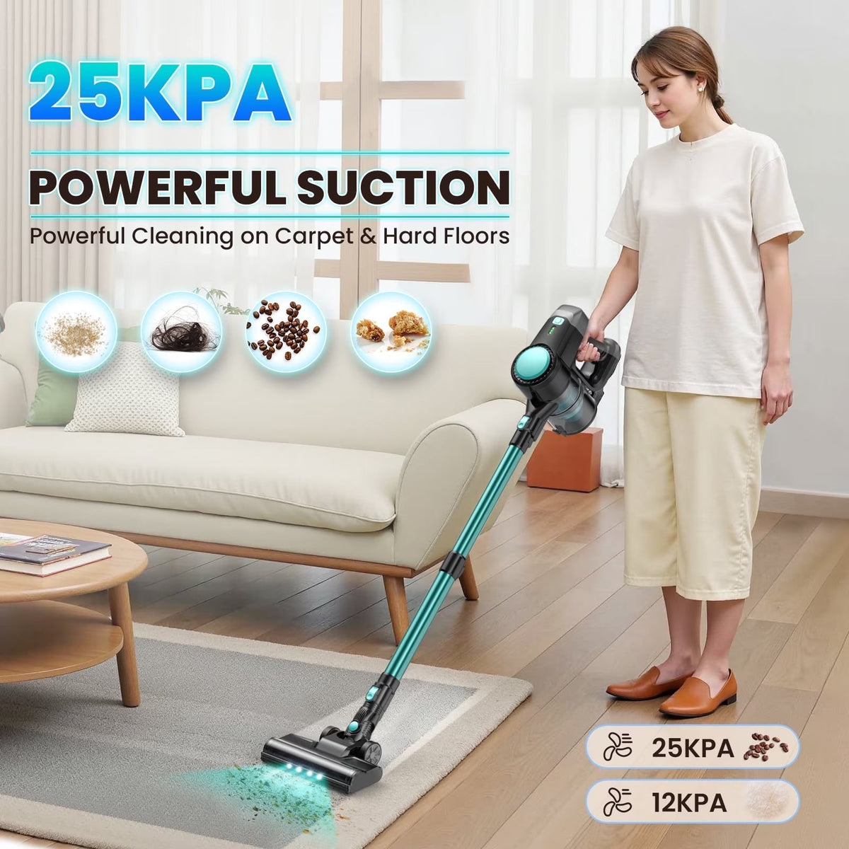 A woman stands in a bright living room using a cordless stick FurVaxim V2 Cordless Vacuum Cleaner to clean a rug on a wooden floor. The image includes promotional text reading '25KPA POWERFUL SUCTION' and icons showing debris pickup, with product feature callouts in the corners.