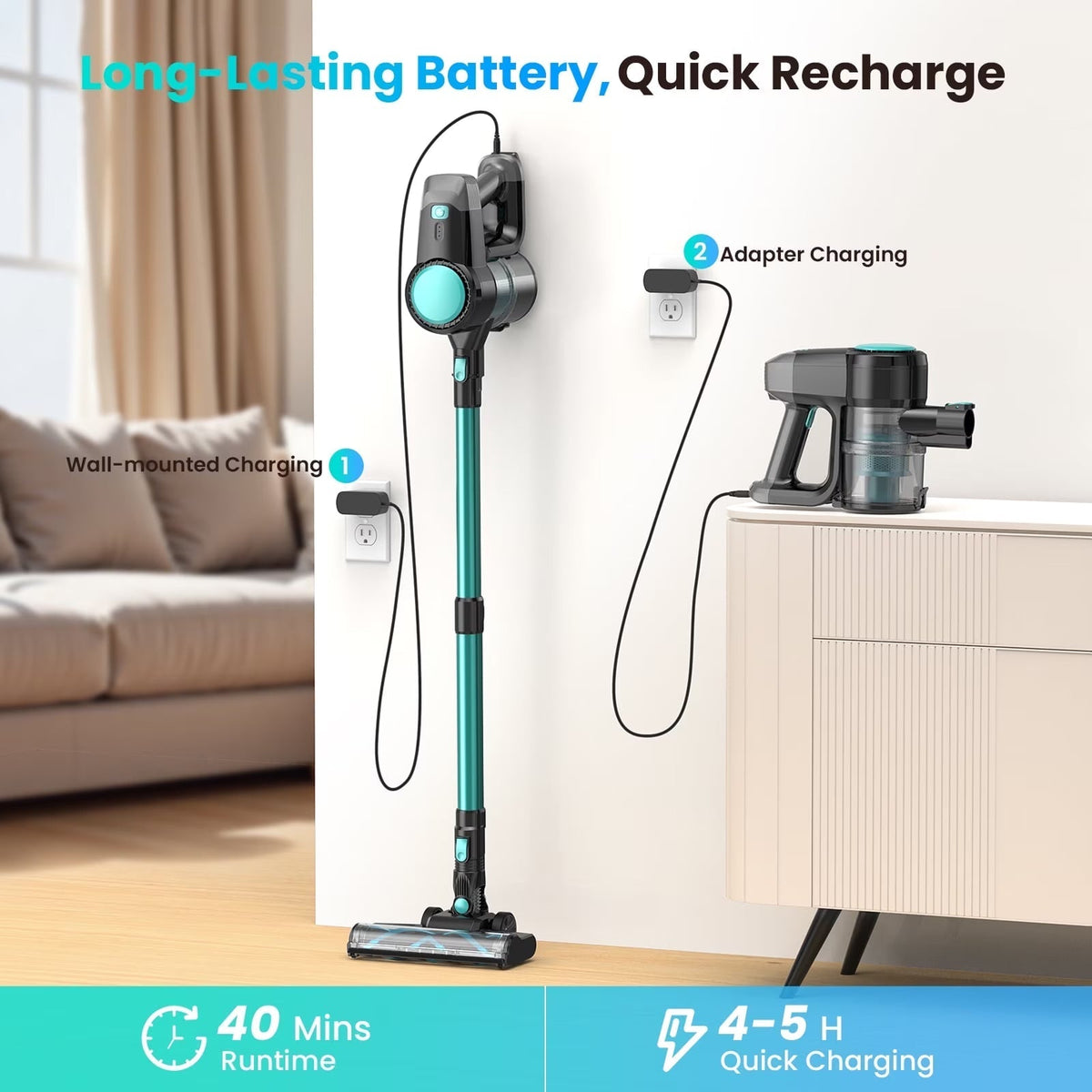 A FurVaxim V2 Cordless Vacuum Cleaner stick vacuum cleaner in teal and dark gray is shown in a home setting, with text highlighting its long-lasting battery and quick recharge. The image includes callouts for wall-mounted charging and adapter charging, along with runtime and charging duration badges at the bottom.