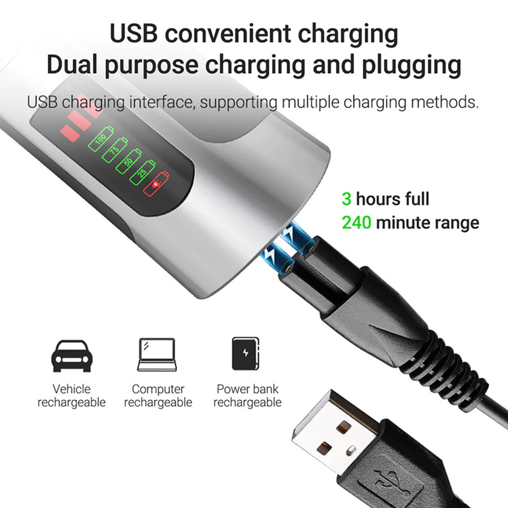 USB charging adapter with digital display and cable, featuring text on charging capabilities.