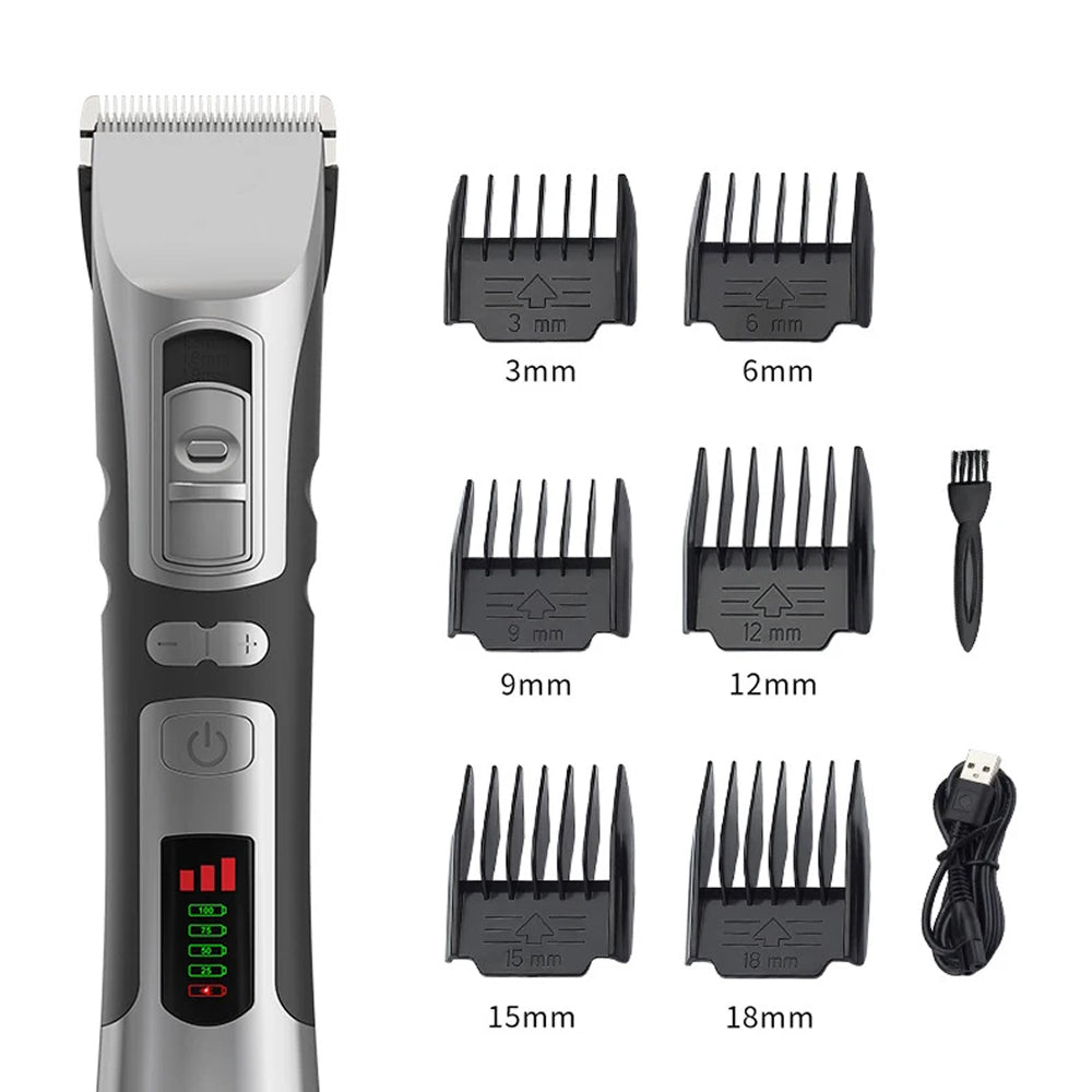 FuriCutx Dog Hair Clipper set with attachments and USB cable on a white background
