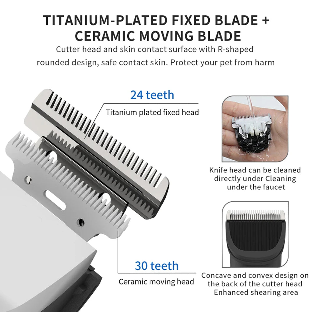 FuriCutx Dog Hair Clipper with titanium-plated fixed blade and ceramic moving blade, showing teeth count and cleaning instructions.