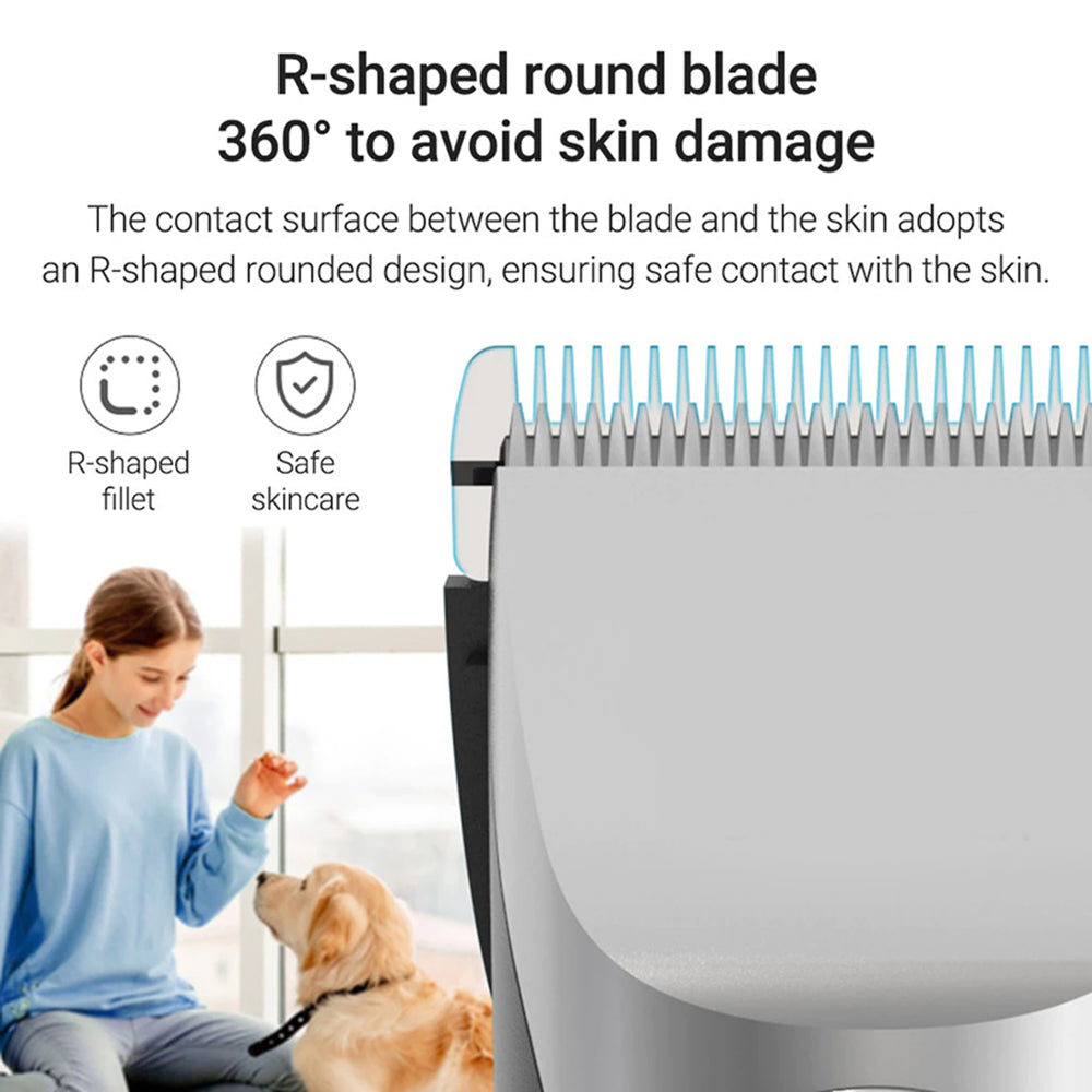 FuriCutx Dog Hair Clipper with R-shaped round blade and safety features, used on a dog.