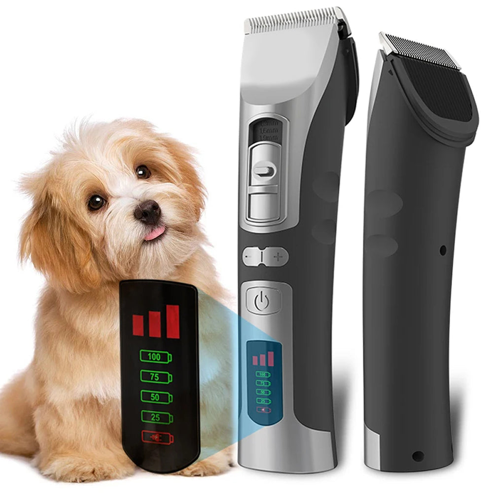 FuriCutx Dog Hair Clipper with digital display next to a small dog on a white background
