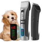 FuriCutx Dog Hair Clipper with digital display next to a small dog on a white background