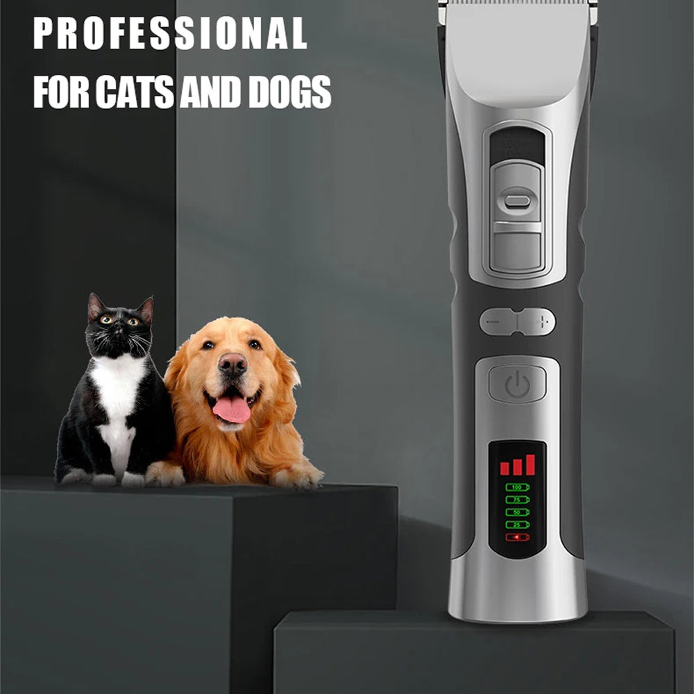 FuriCutx Dog Hair Clipper with two cats and a dog on a dark background
